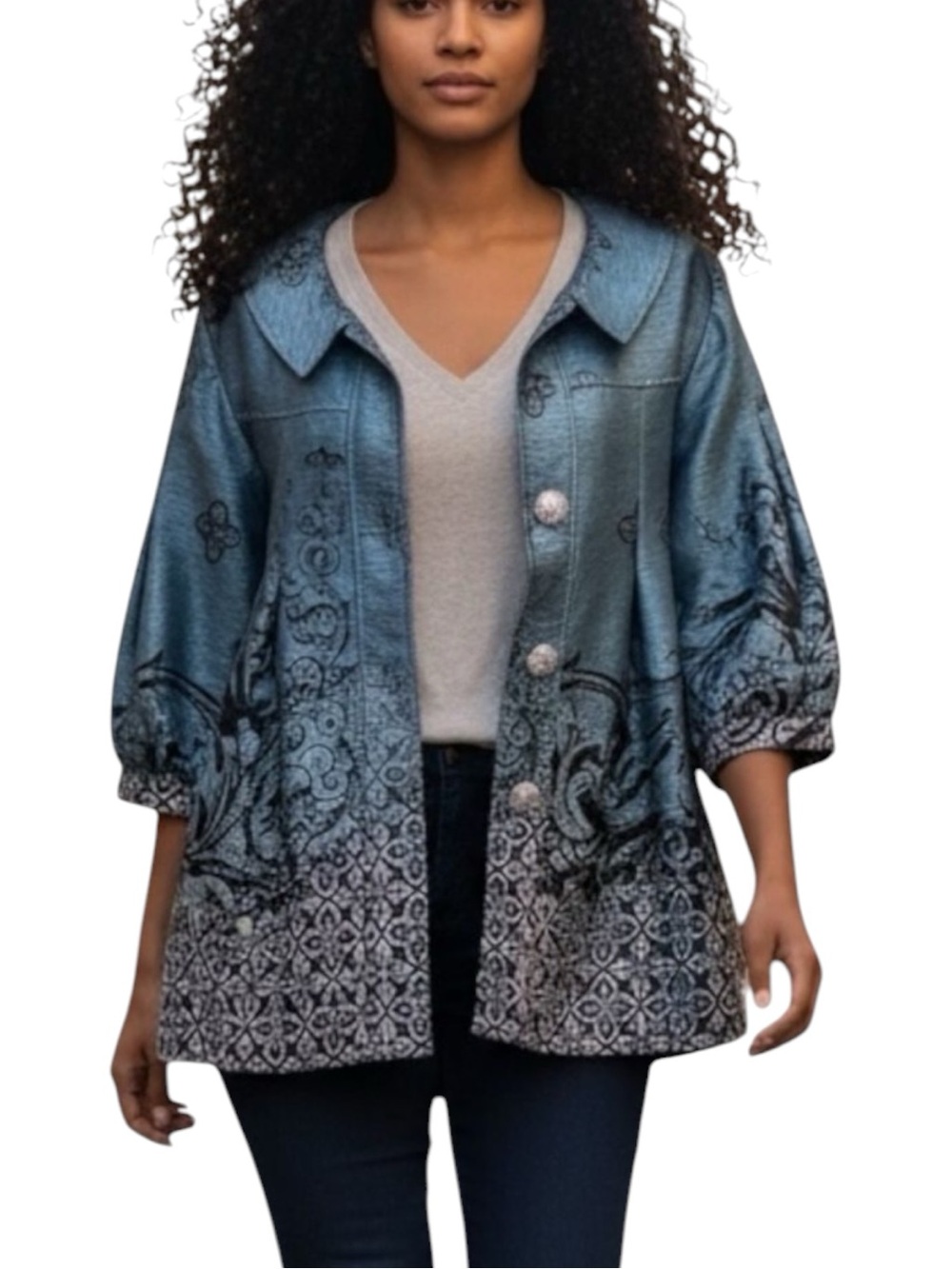 LINDI Blue Brown Ombre Rhinestone Swing Coastal Grandma Jacket NWOT Size M